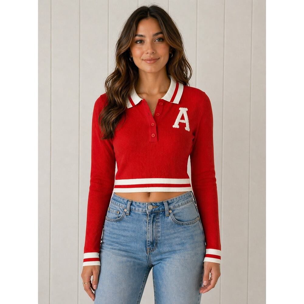 Red Varsity A Letter Sweater Polo Y2K Preppy Junior XL Collegiate Schoolcore